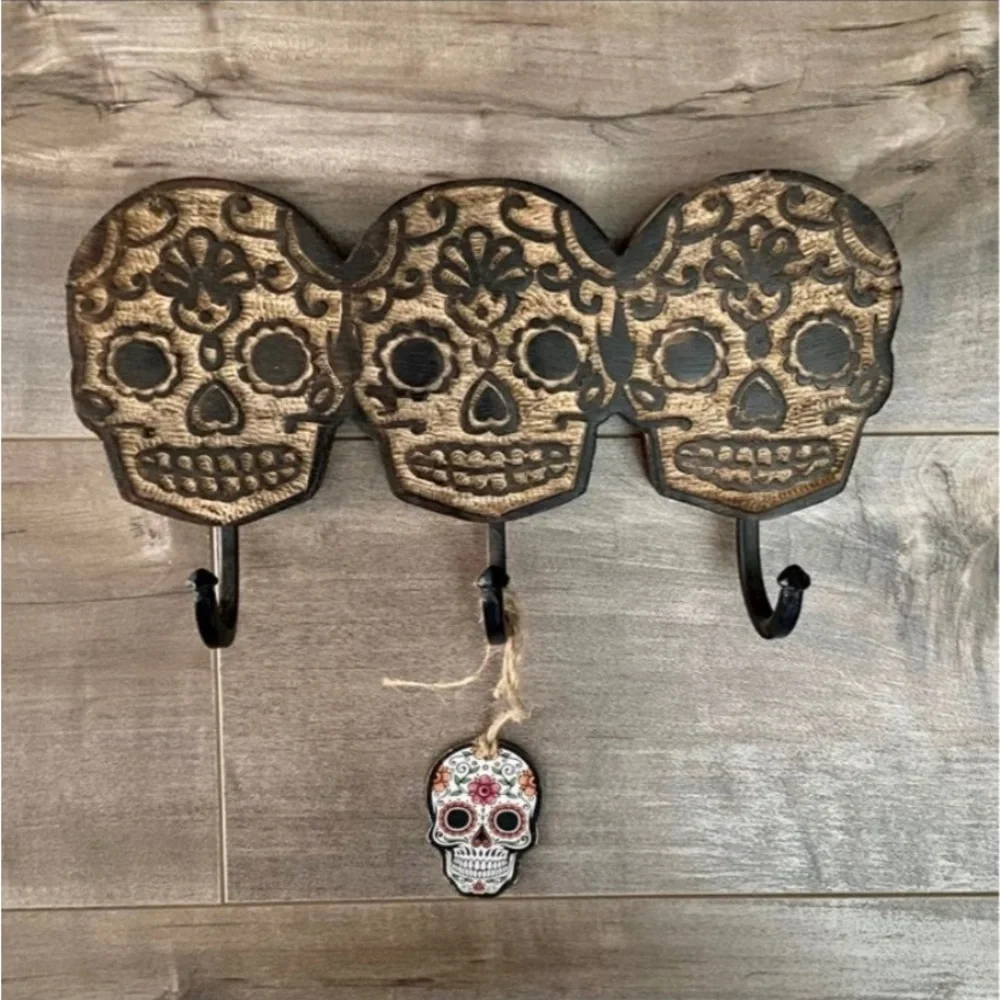 Sugar Skull Wood 3 Hook Hanger